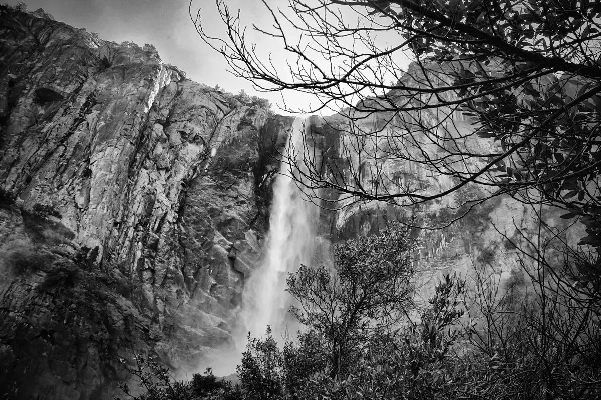Bridalveil Fall dropping through mist down the cliff on a Yosemite tour from San Francisco, California